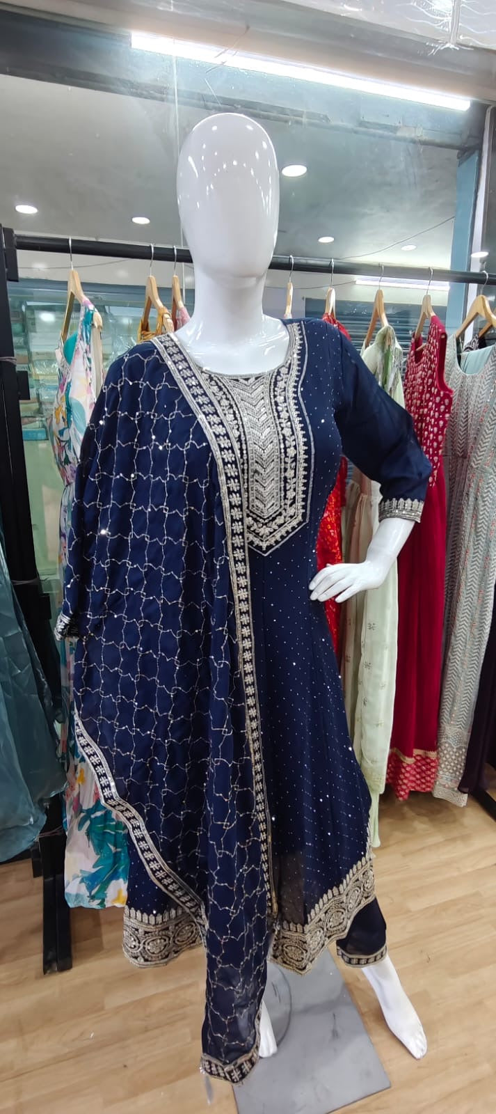 Blue anarkali suit with heavy bodice dupatta