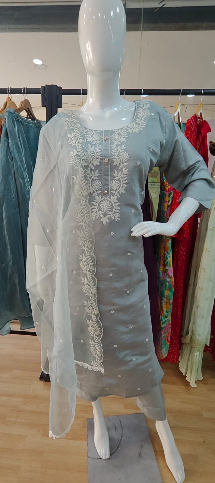 Grey suit with white thread embroidery