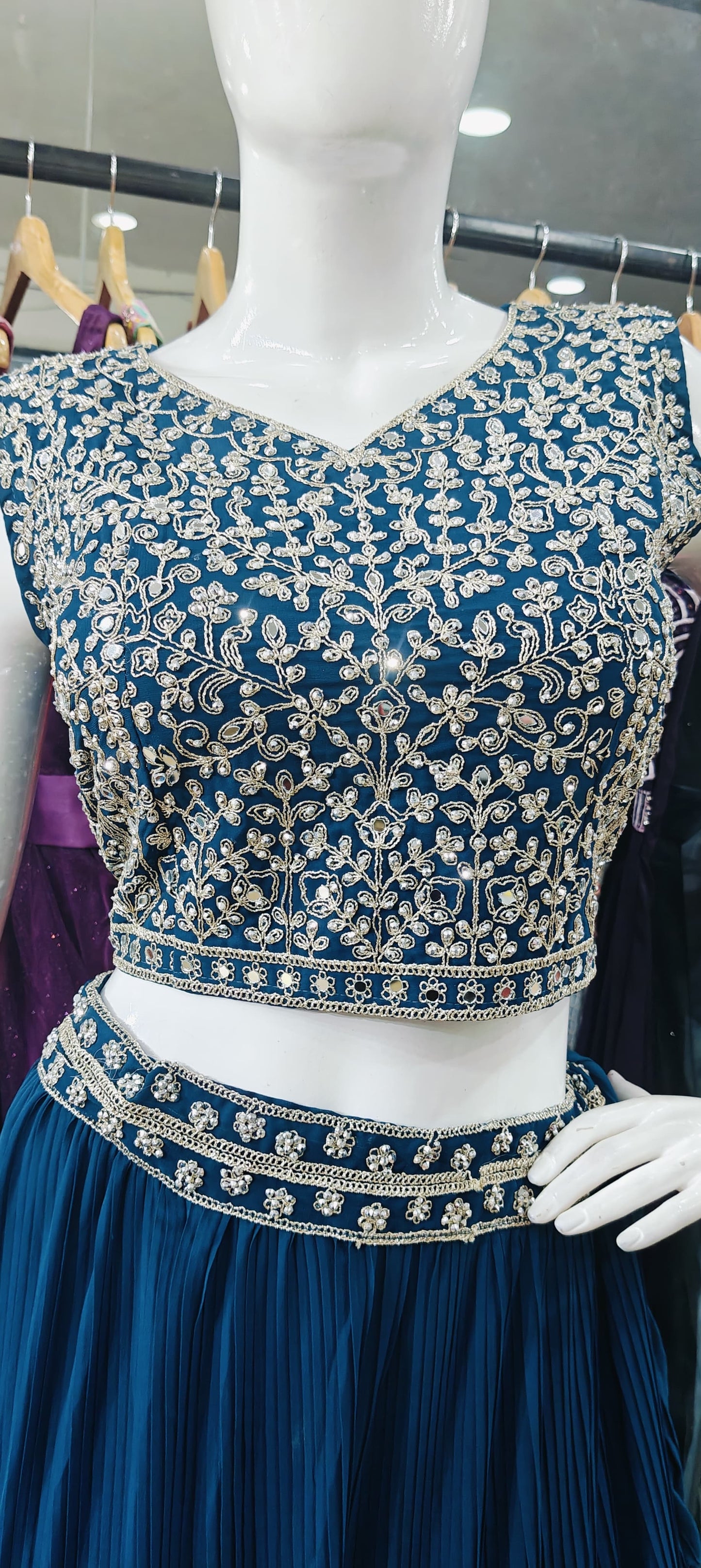 Georgette blue pleated lehenga set