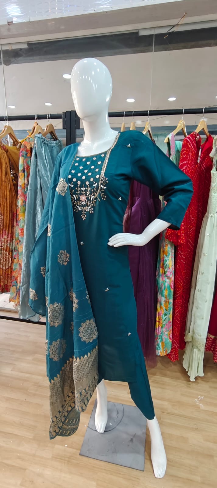 Blue green suit with Banarasi dupatta