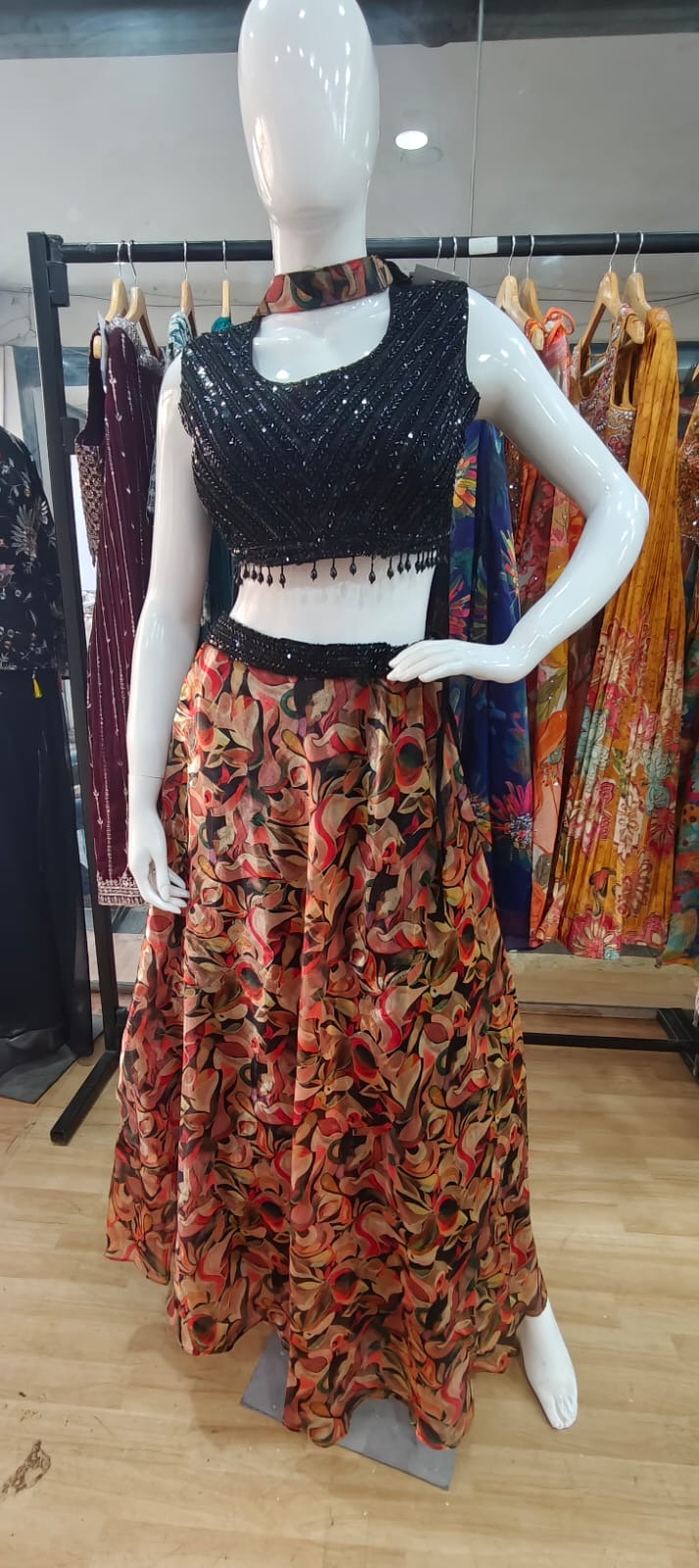 Printed lehenga with black blouse
