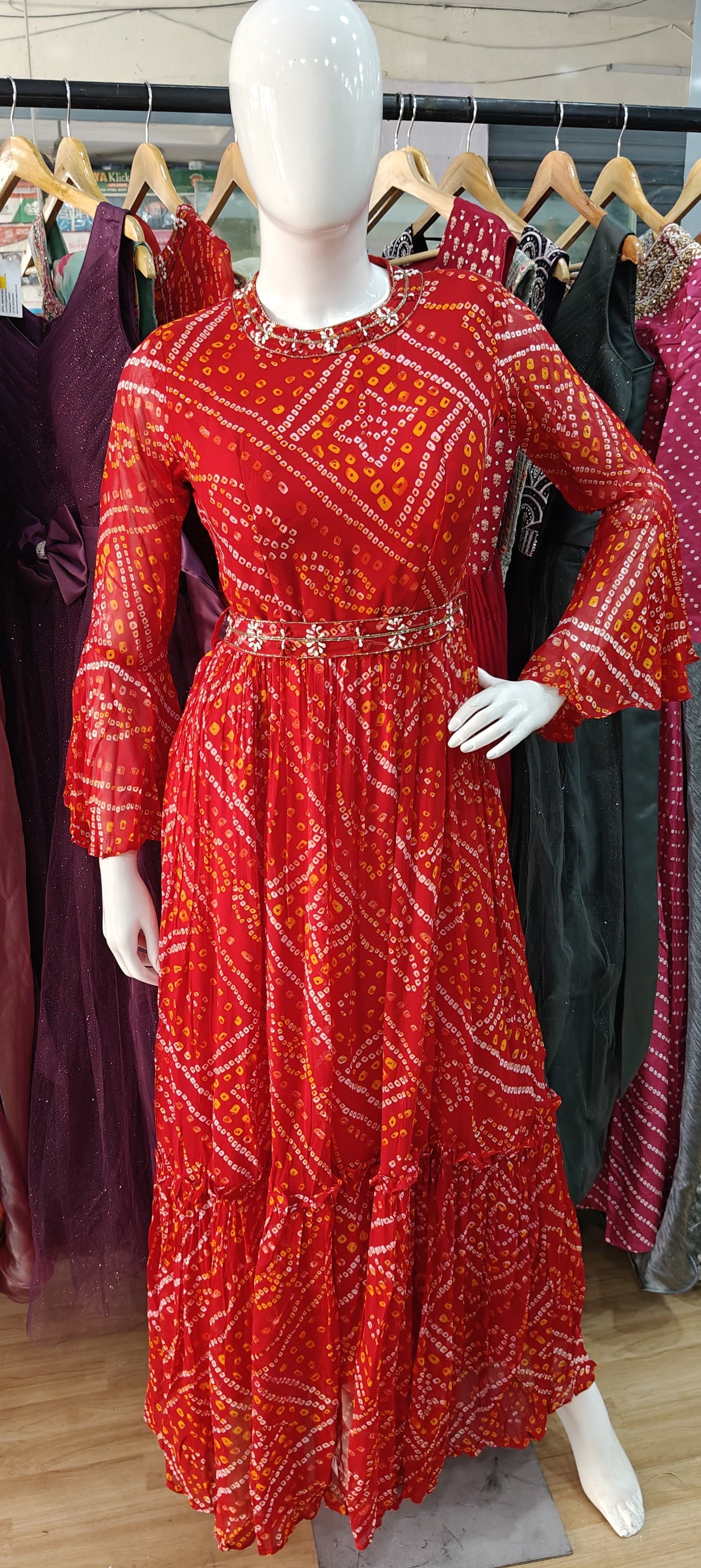 Bandhani red gown with belt