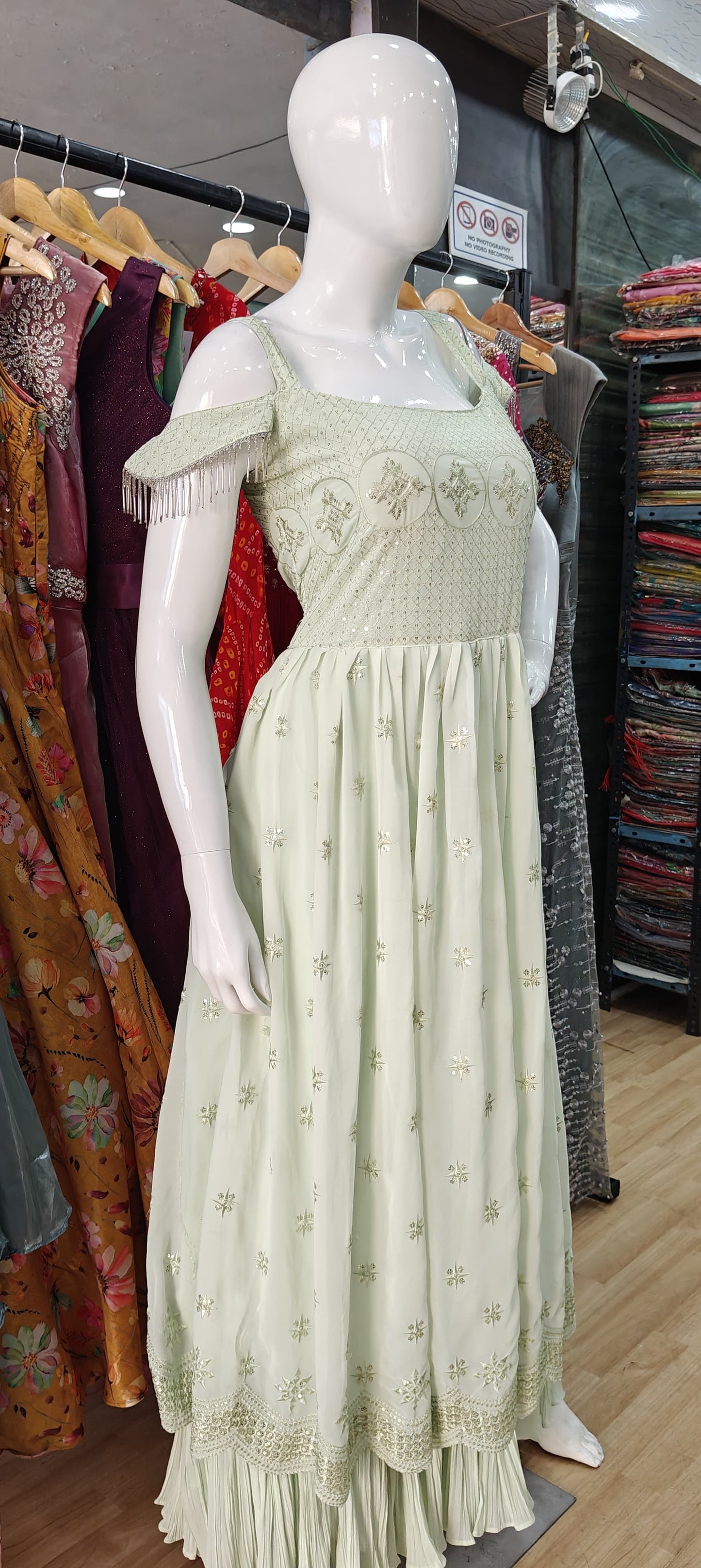 Pista Green georgette cold shoulder gown