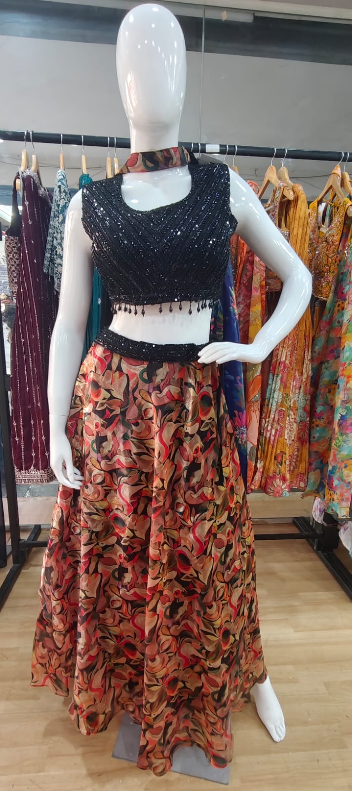 Printed lehenga with black blouse