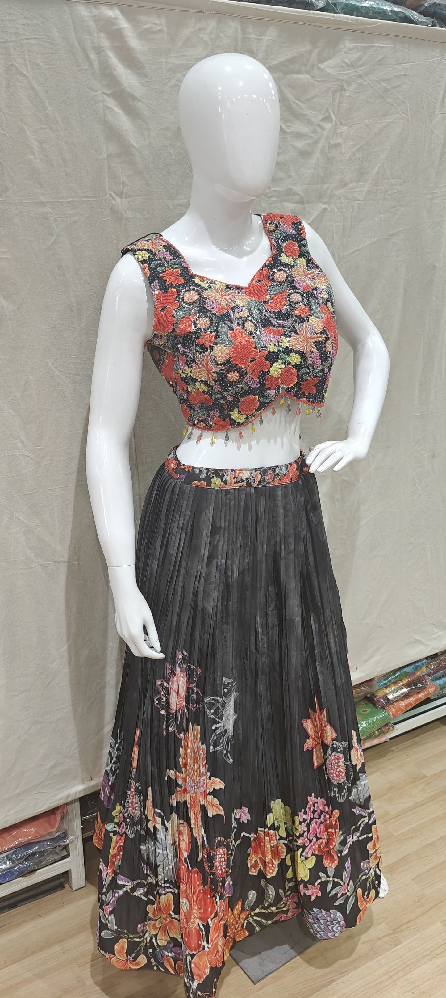 Black floral lehenga with floral blouse and dupatta