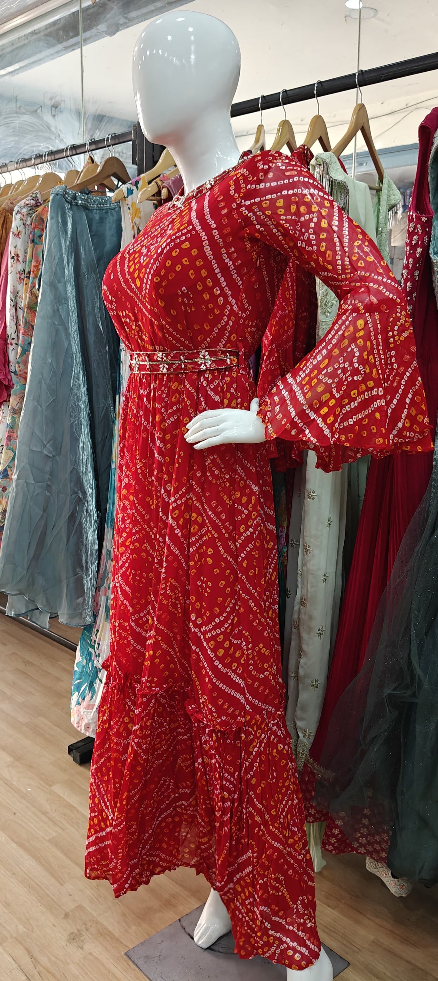 Bandhani red gown with belt