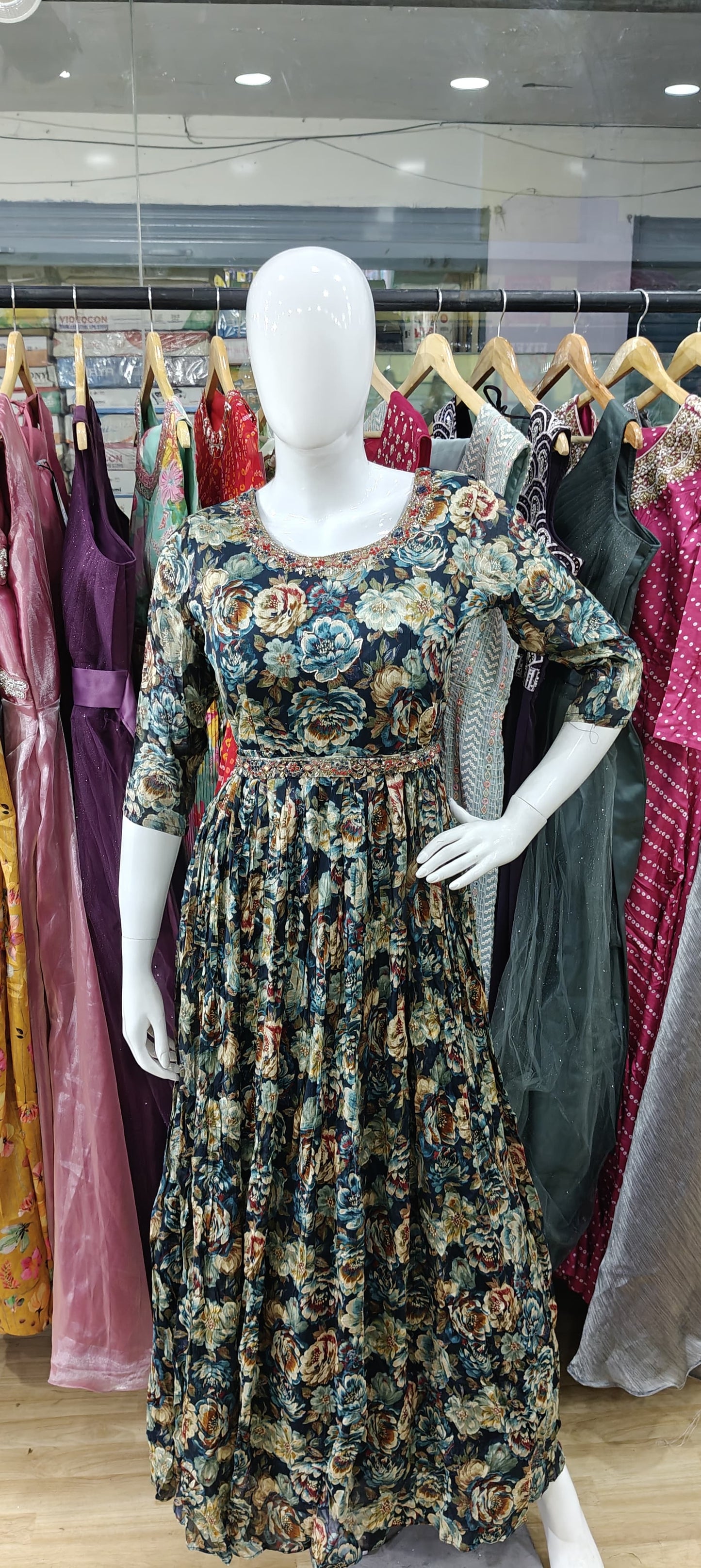 Blue floral long gown with embroidered belt