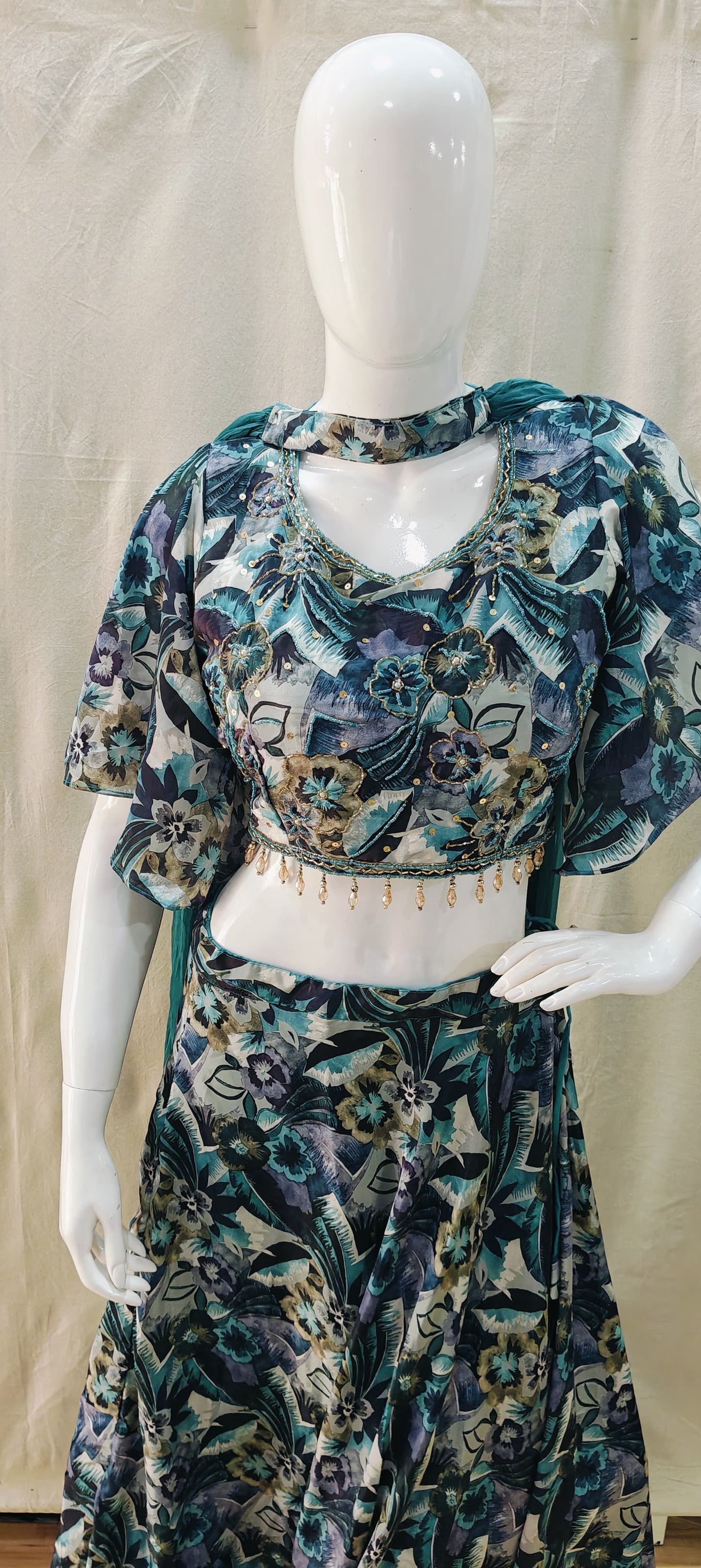 Printed butterfly sleeves blouse with lehenga and choker dupatta