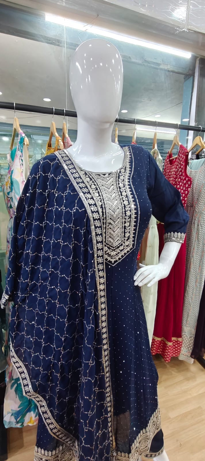 Blue anarkali suit with heavy bodice dupatta