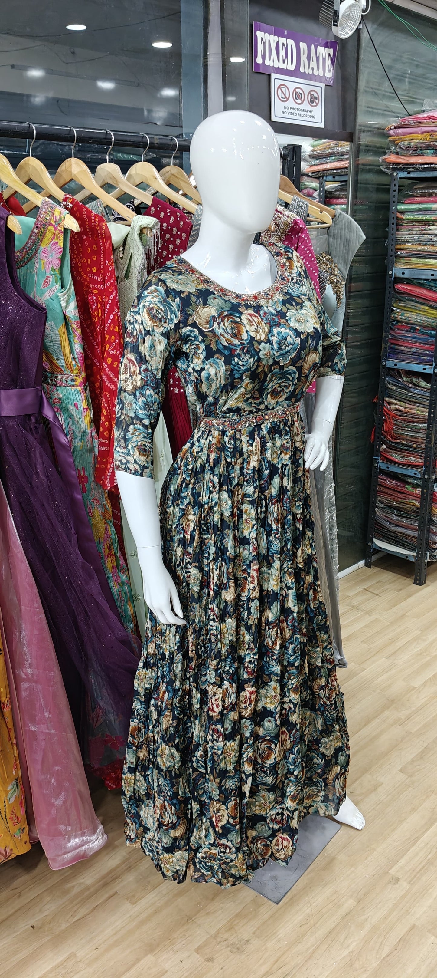 Blue floral long gown with embroidered belt