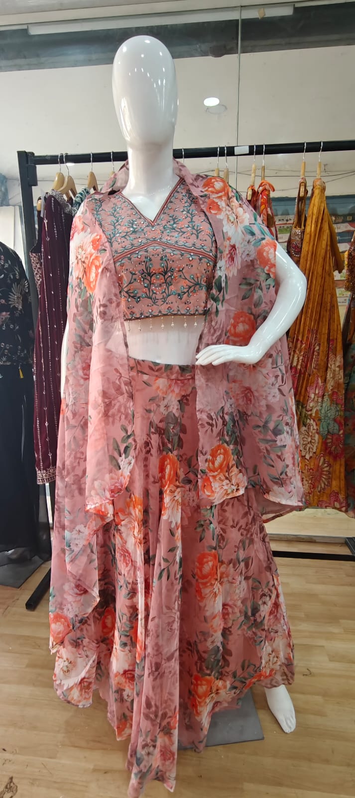 Floral pink cape lehenga