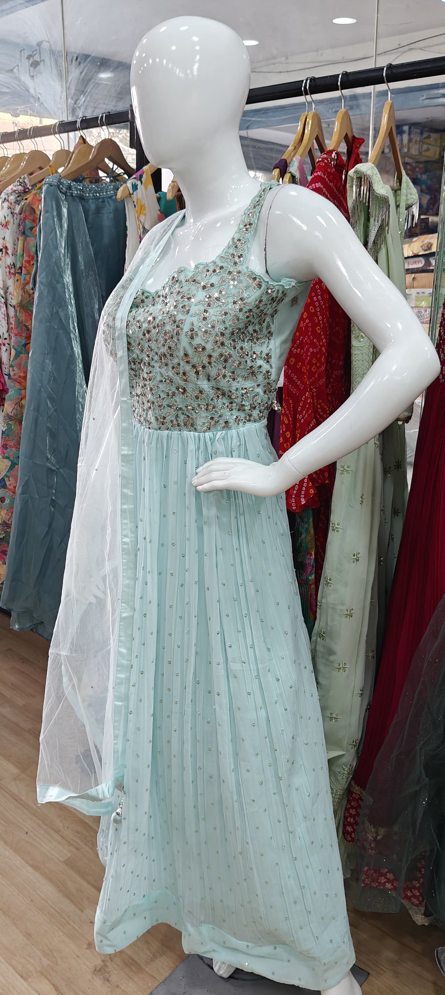 Blue georgette gown with embellished bodice