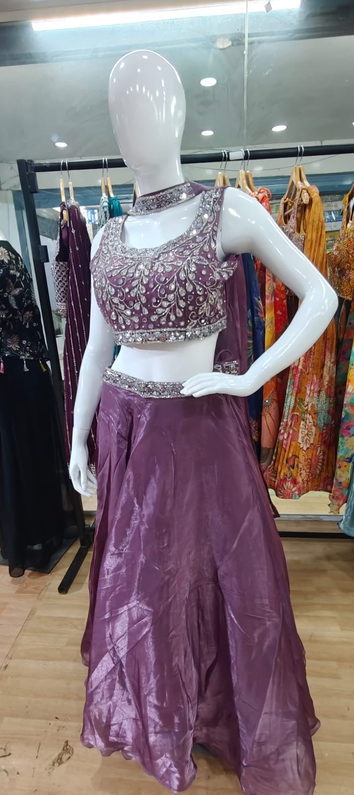 Glass organza pink lehenga