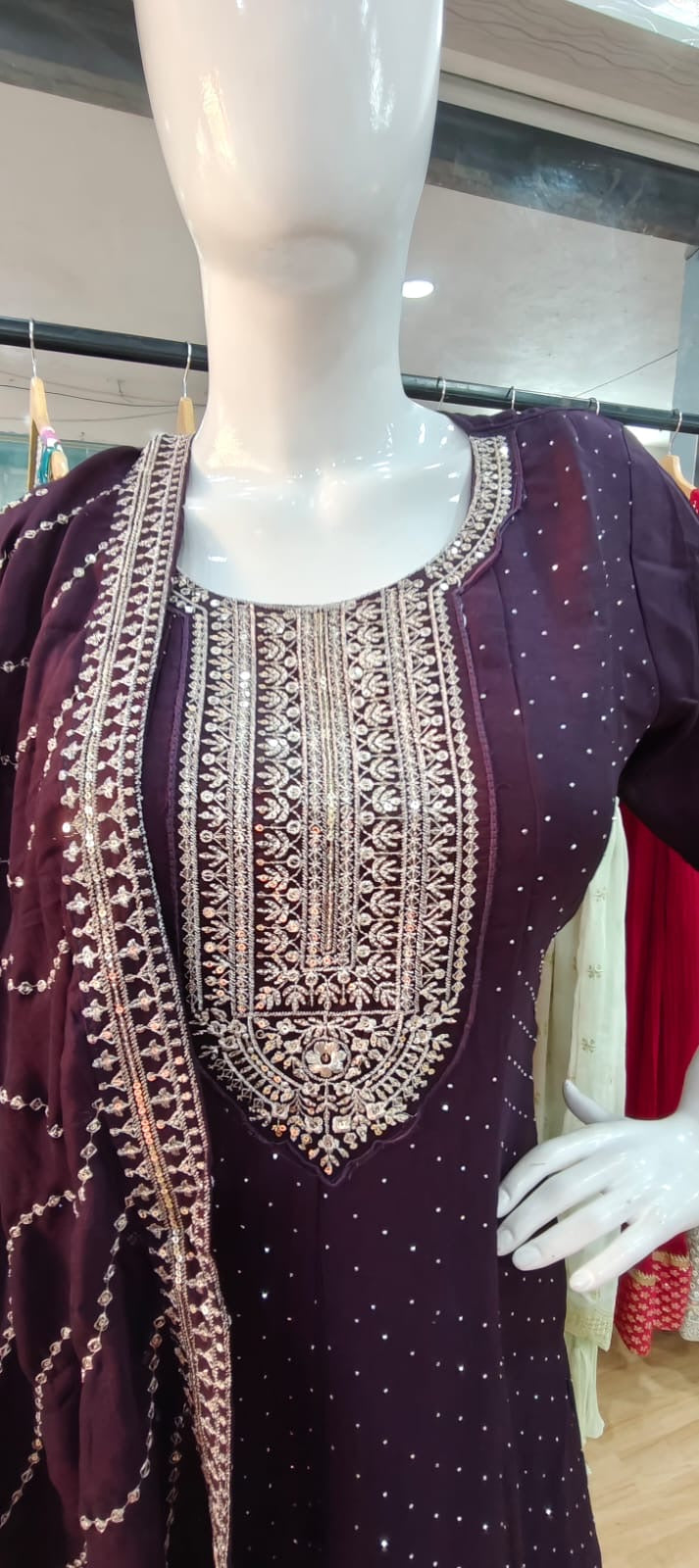 Maroon suit with embroidered dupatta