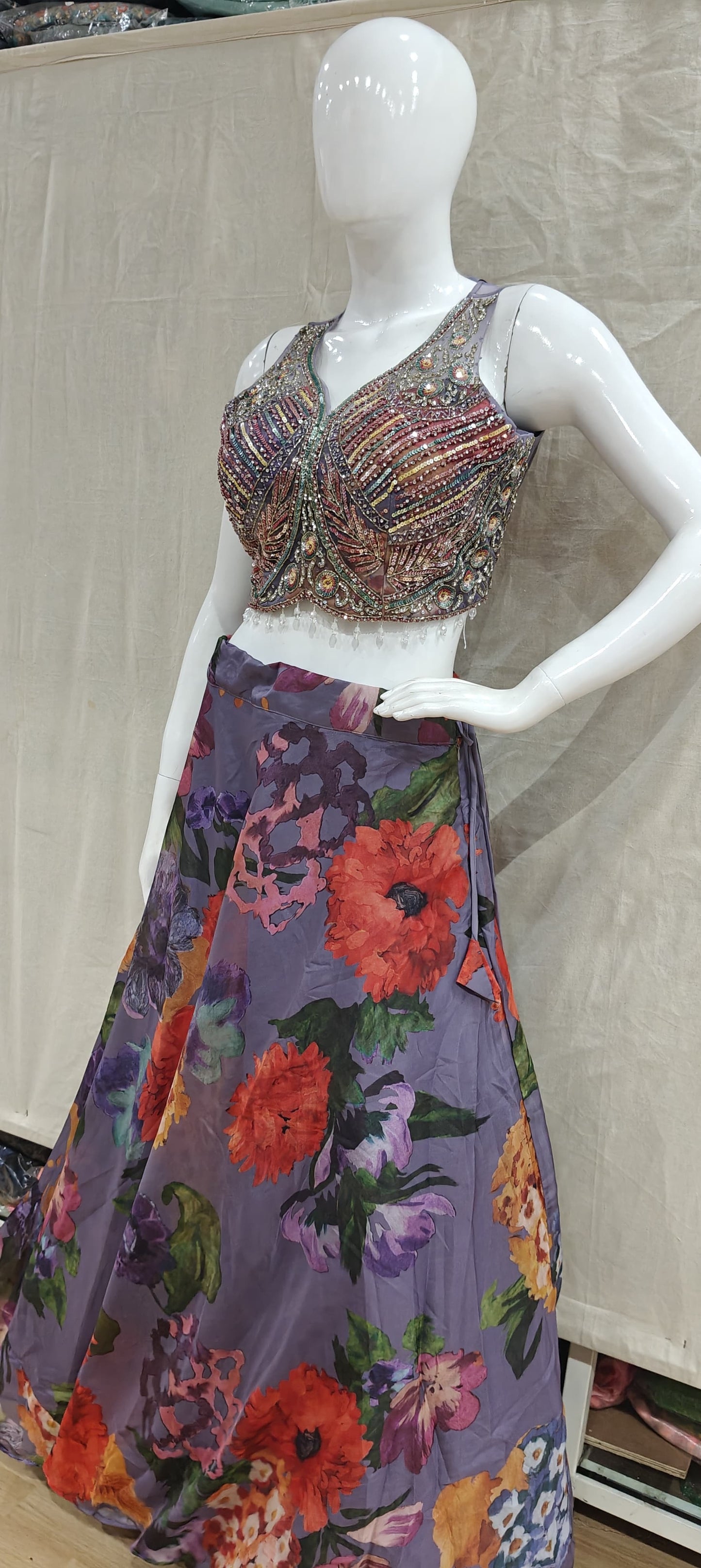 Purple floral lehenga with h