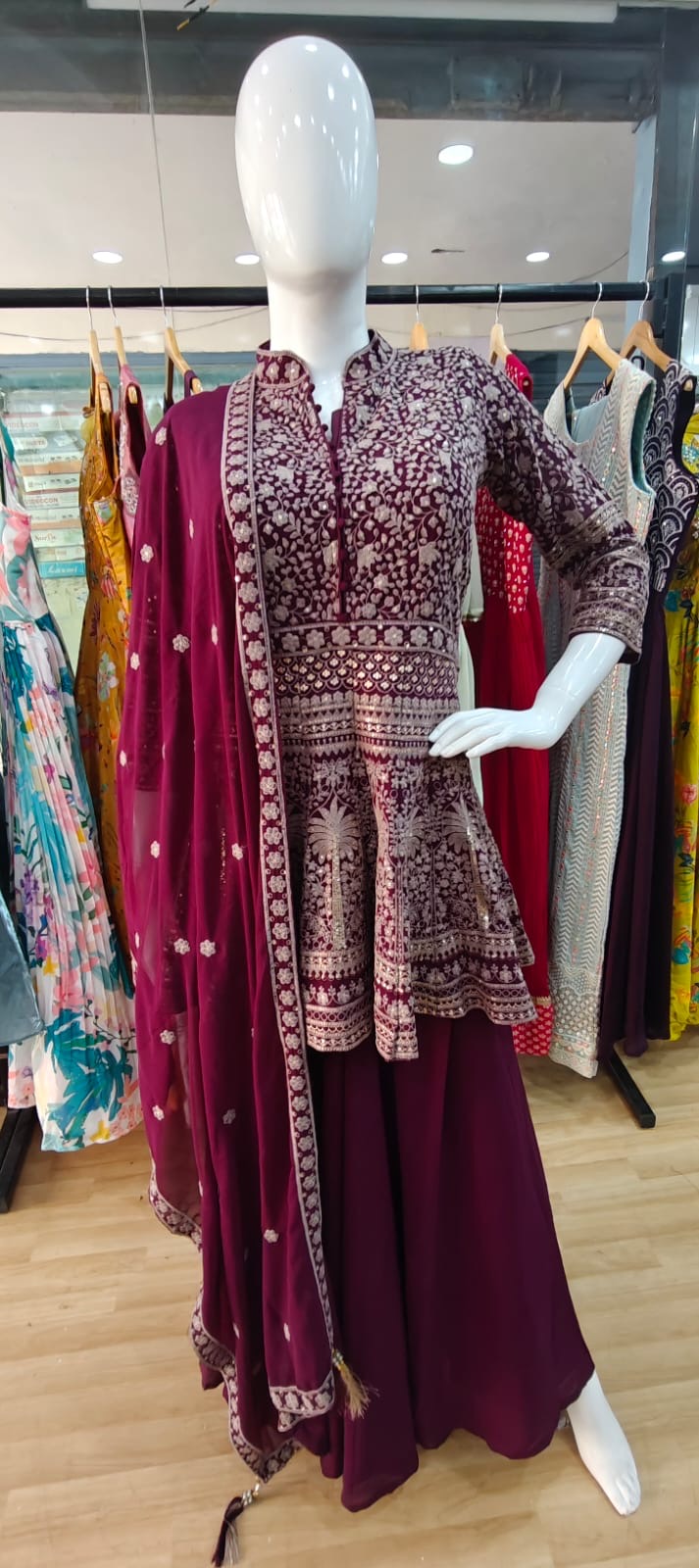 Maroon embroidered peplum set