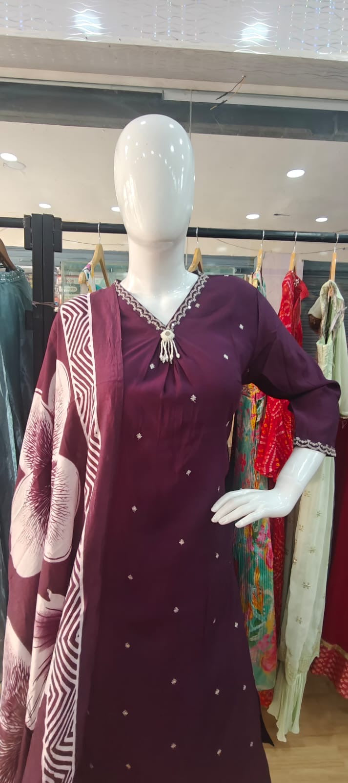 Plum Anarkali suit with stunning floral print dupatta