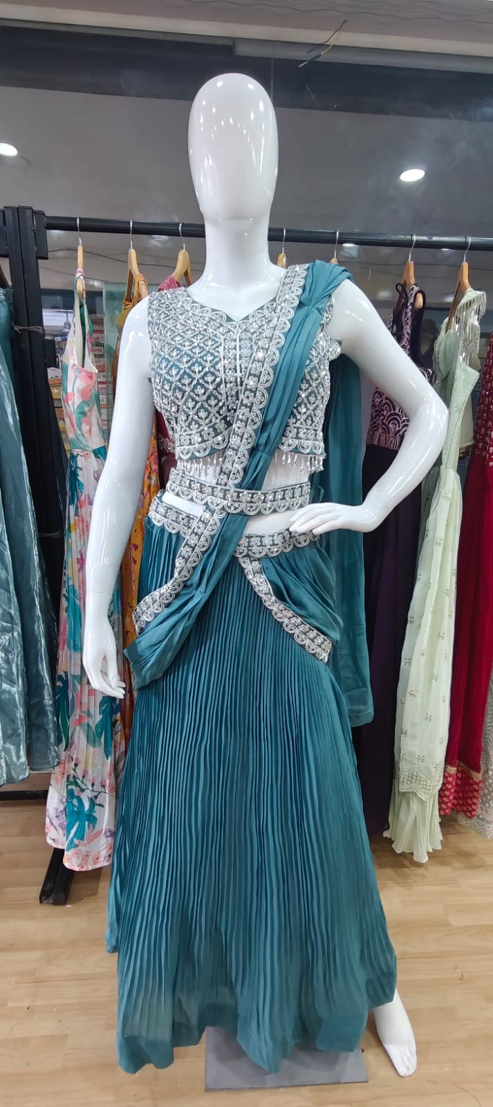 Drape style lehenga- peacock Blue