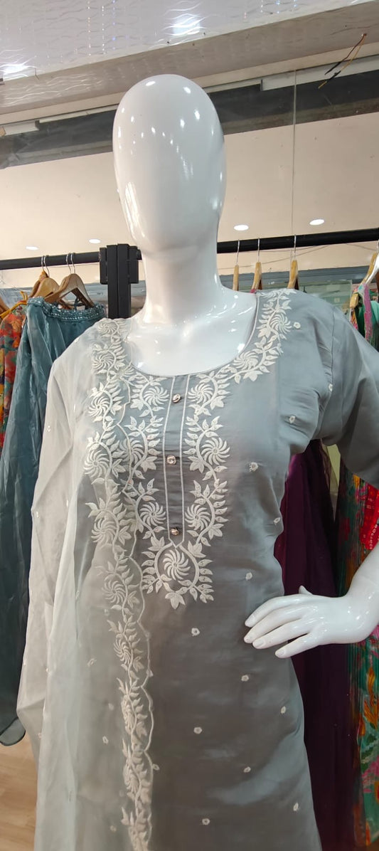 Grey suit with white thread embroidery