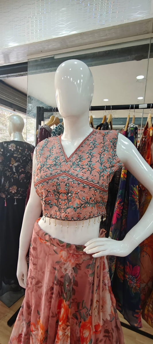Floral pink cape lehenga