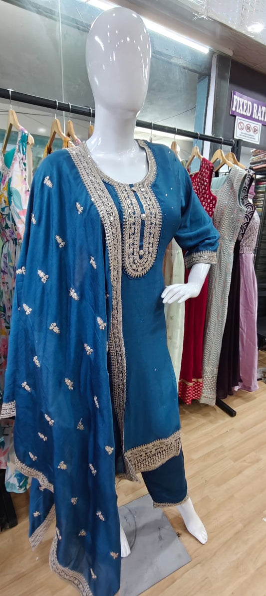 Peacock blue suit with embroidered dupatta