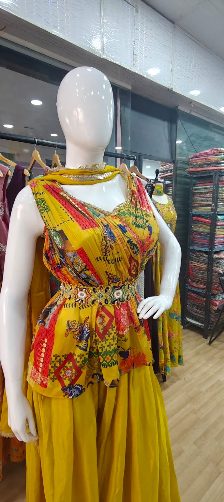 Designer yellow peplum set with belt