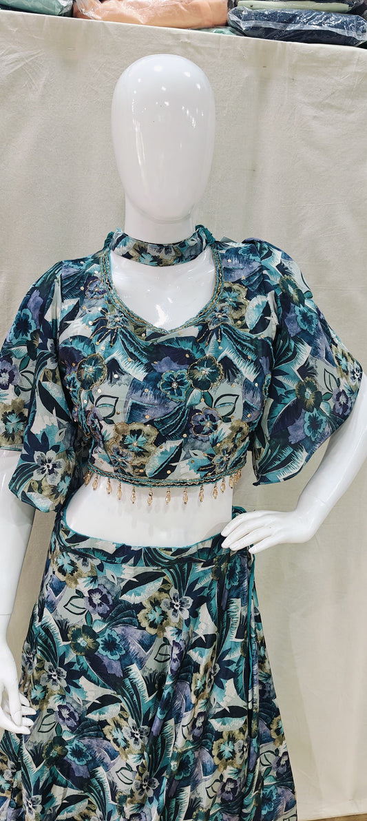 Printed butterfly sleeves blouse with lehenga and choker dupatta