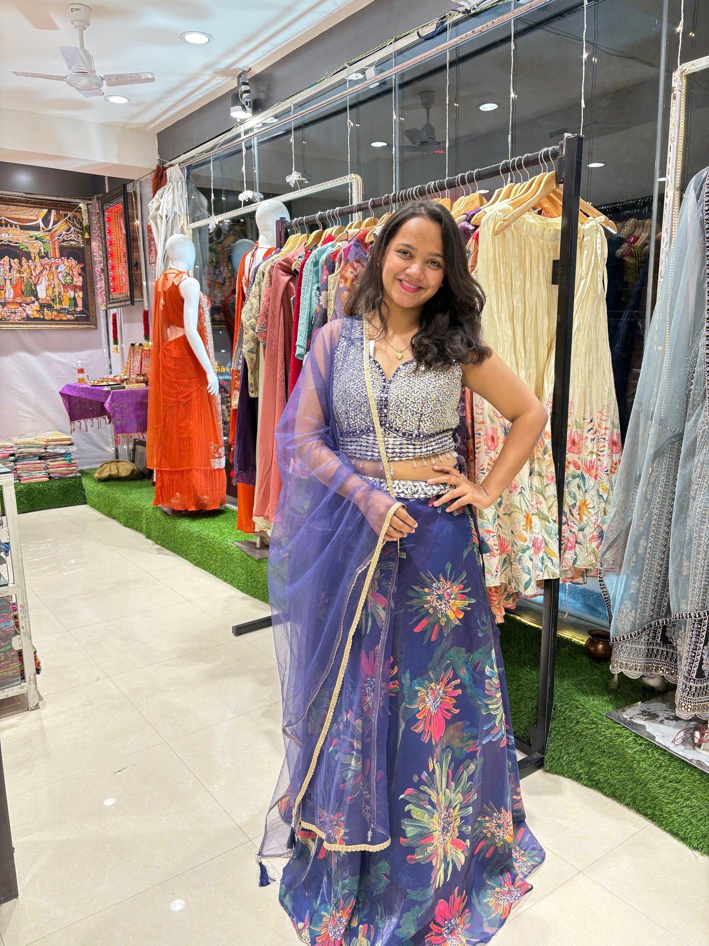Floral blue lehenga, mirror work blouse