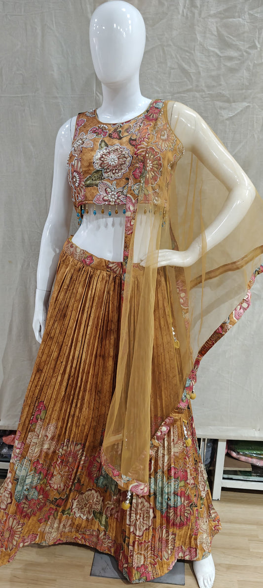 Yellow floral pleated lehenga