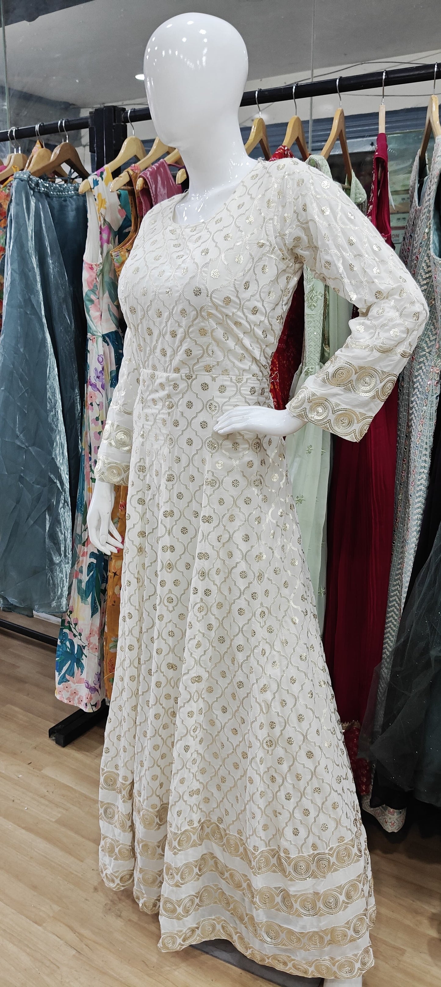 White and gold Anarkali long dress