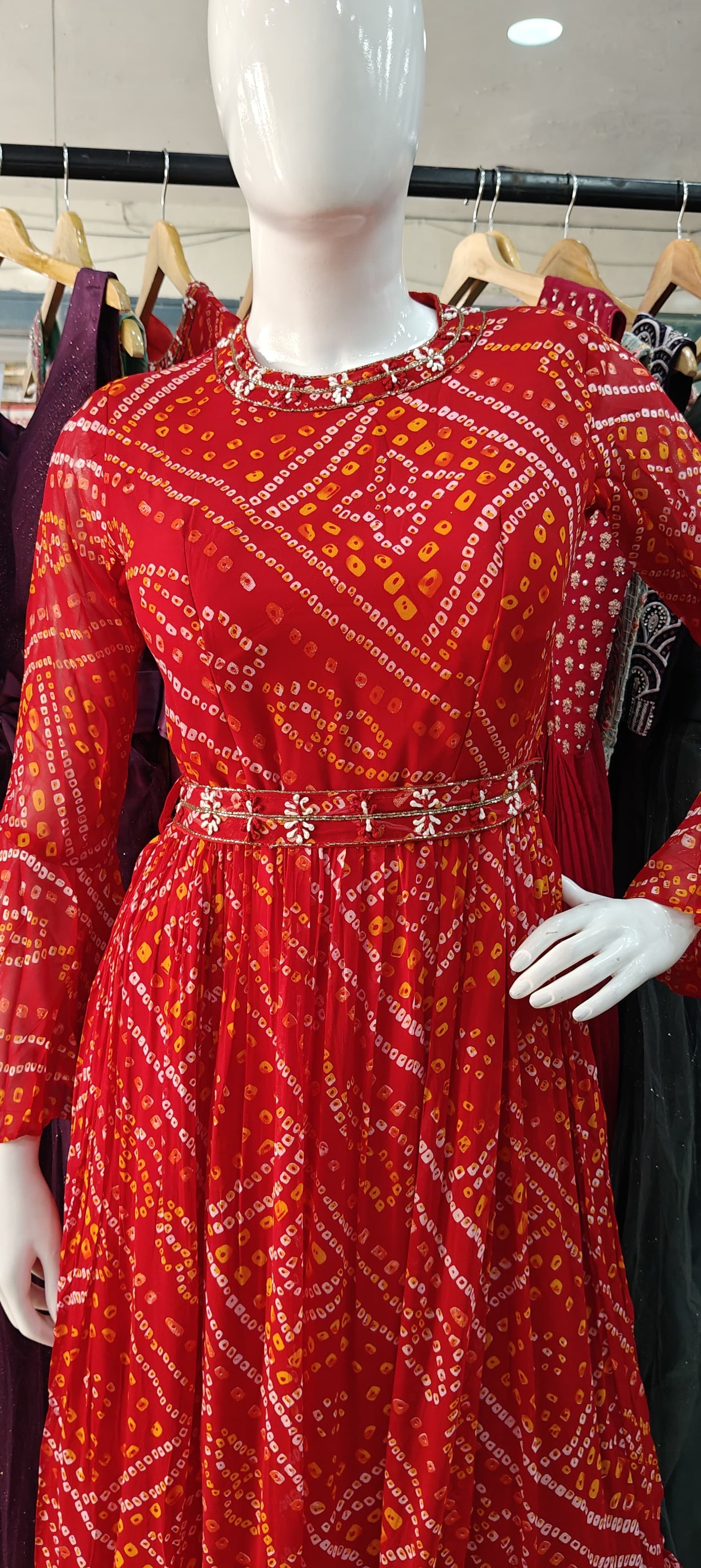 Bandhani red gown with belt