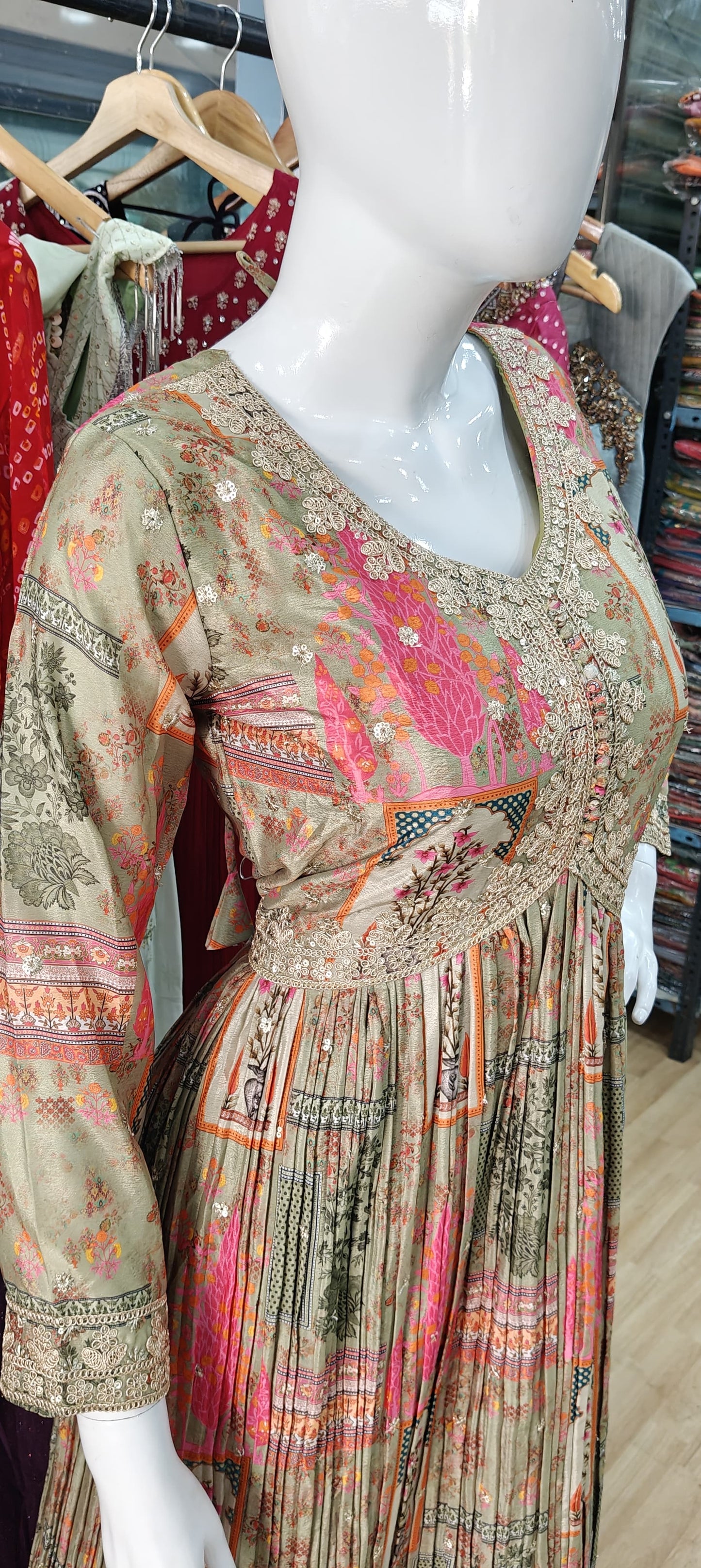 Printed alia cut long dress