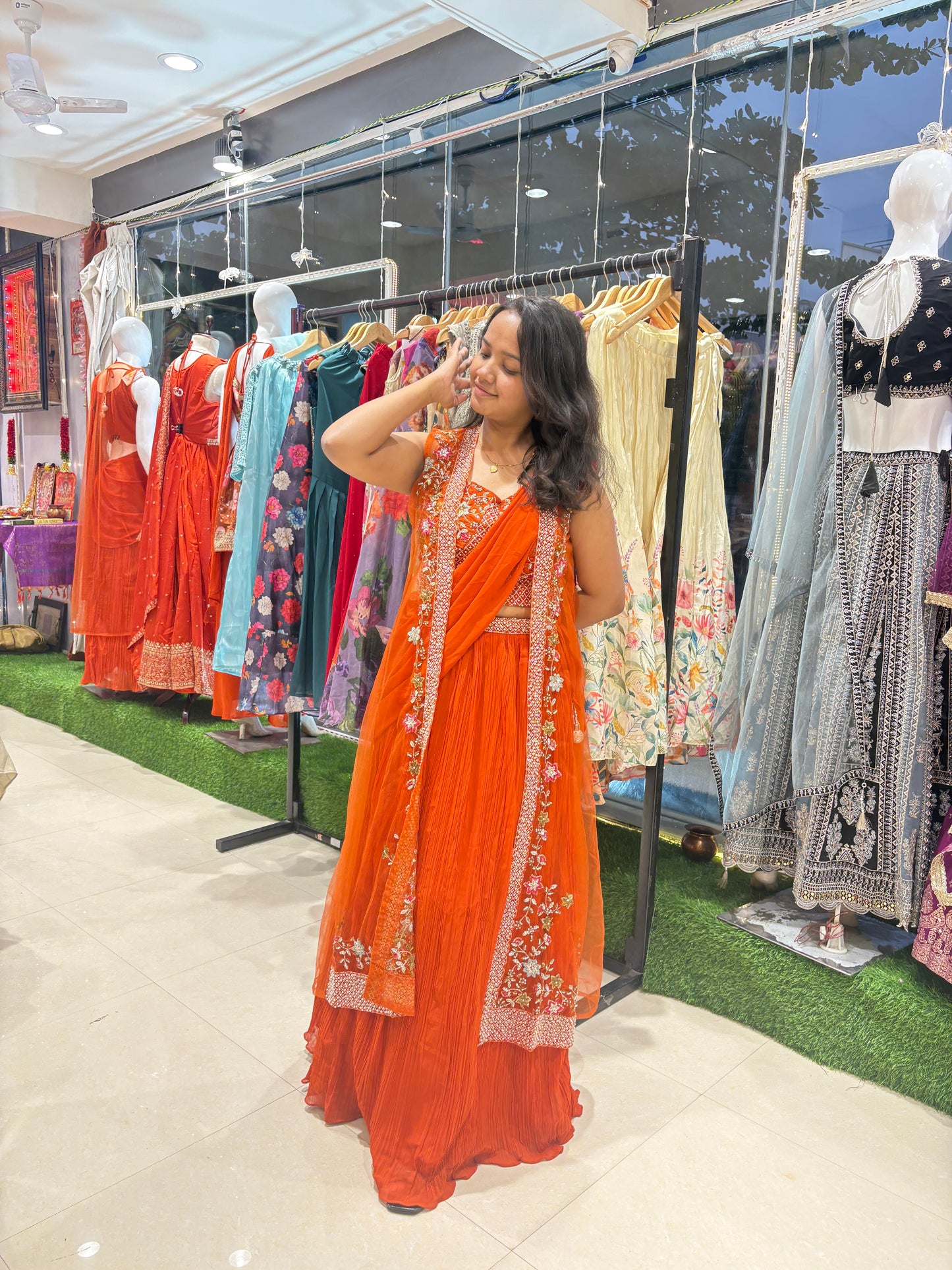 Orange saree drape lehenga with long jacket