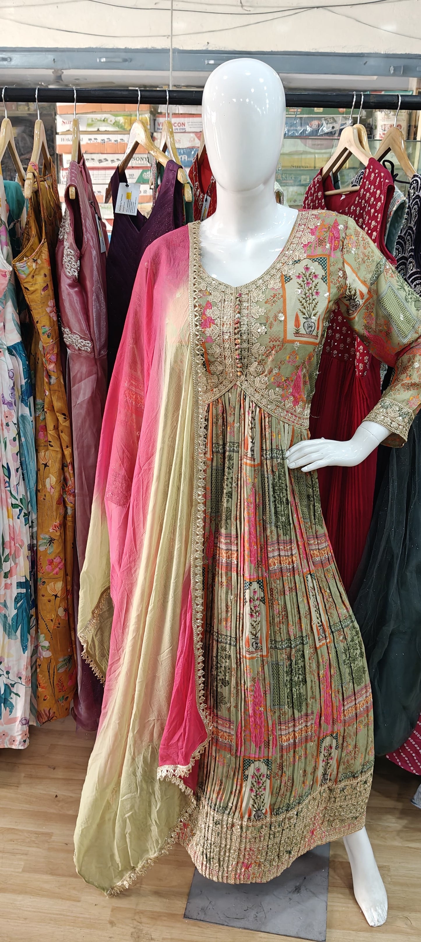 Printed alia cut long dress