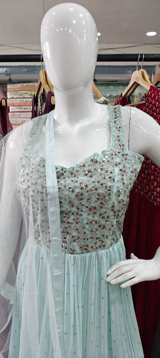 Blue georgette gown with embellished bodice
