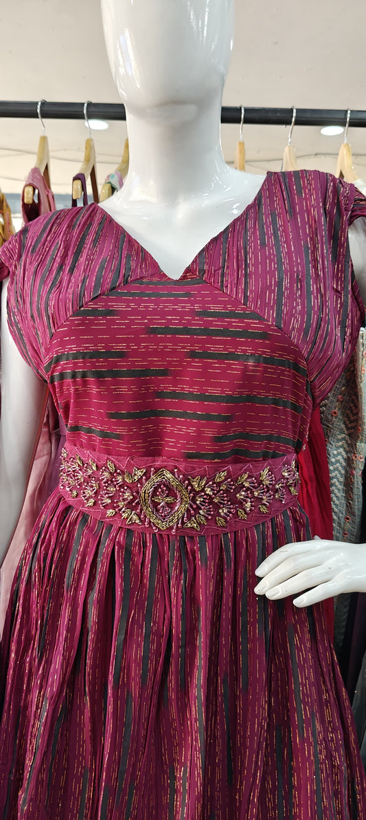 Designer Maroon long sleeves gown with embellished belt