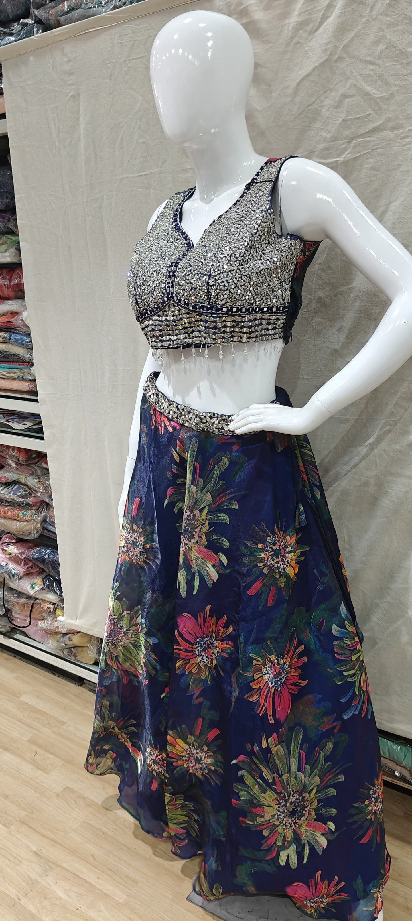 Floral blue lehenga, mirror work blouse