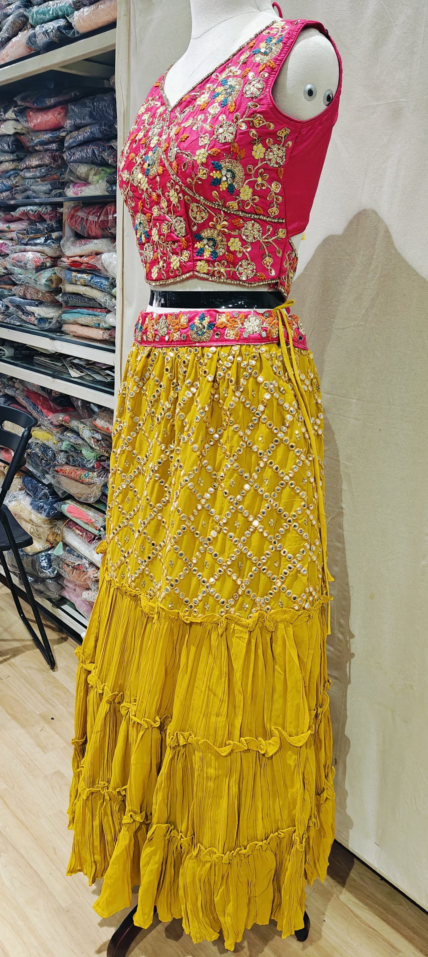 Pink blouse with yellow lehenga perfect ensemble