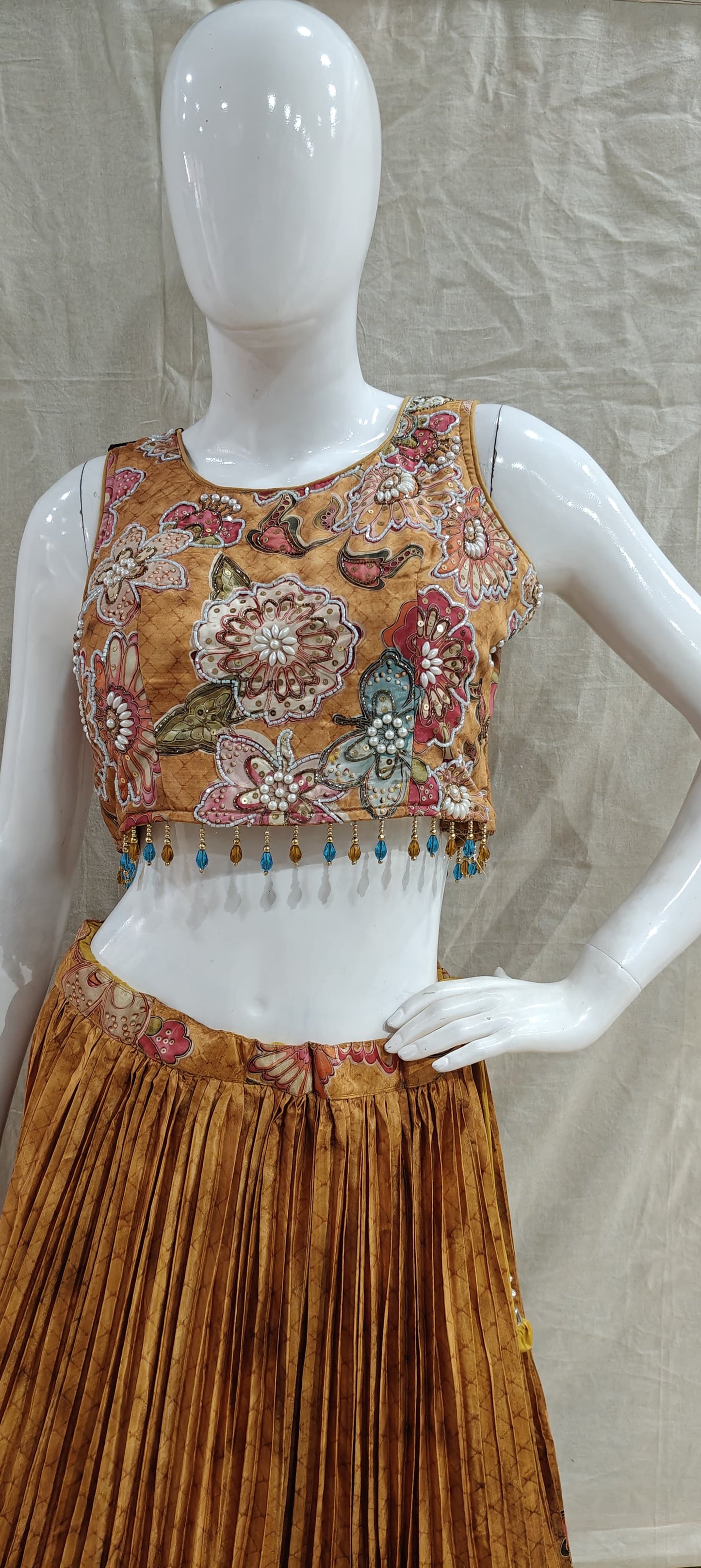 Yellow floral pleated lehenga