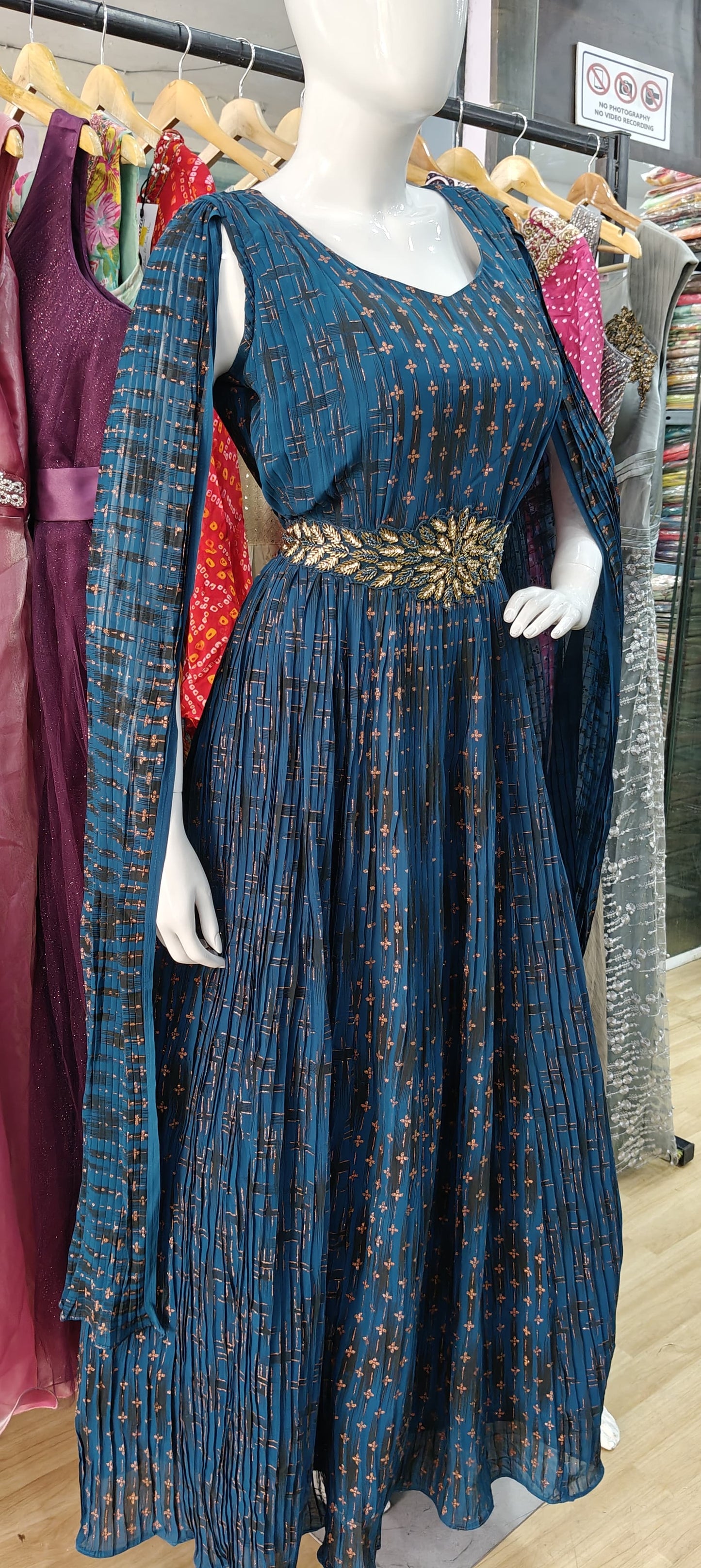 Designer Blue full sleeves gown with embellished belt