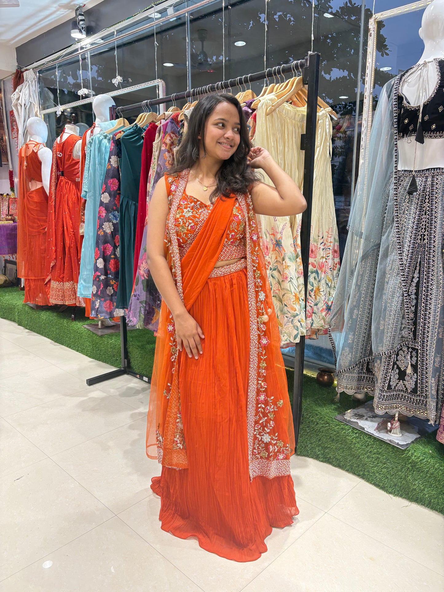 Orange saree drape lehenga with long jacket