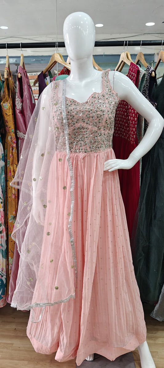 Peach georgette gown with embellished bodice