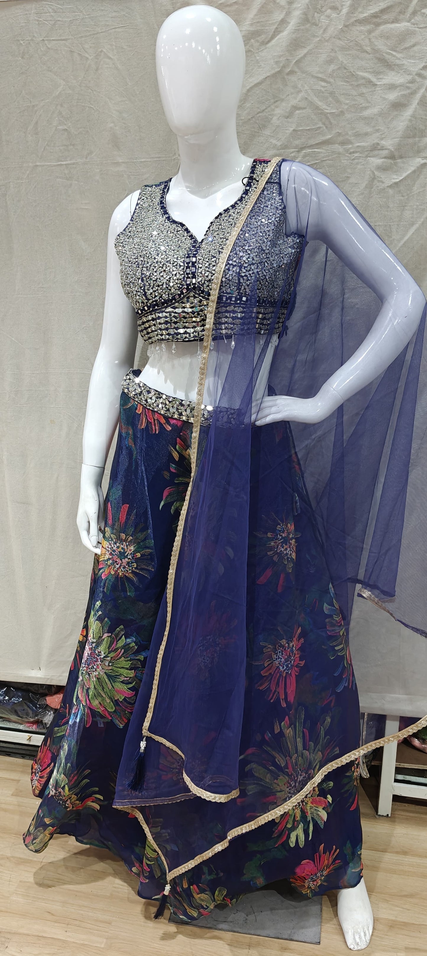 Floral blue lehenga, mirror work blouse