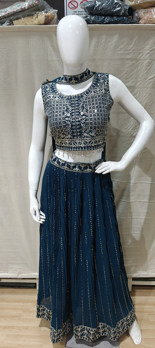 Silver zari work on Blue lehenga