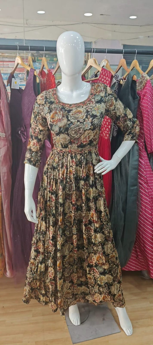 Black long gown with embroidered belt