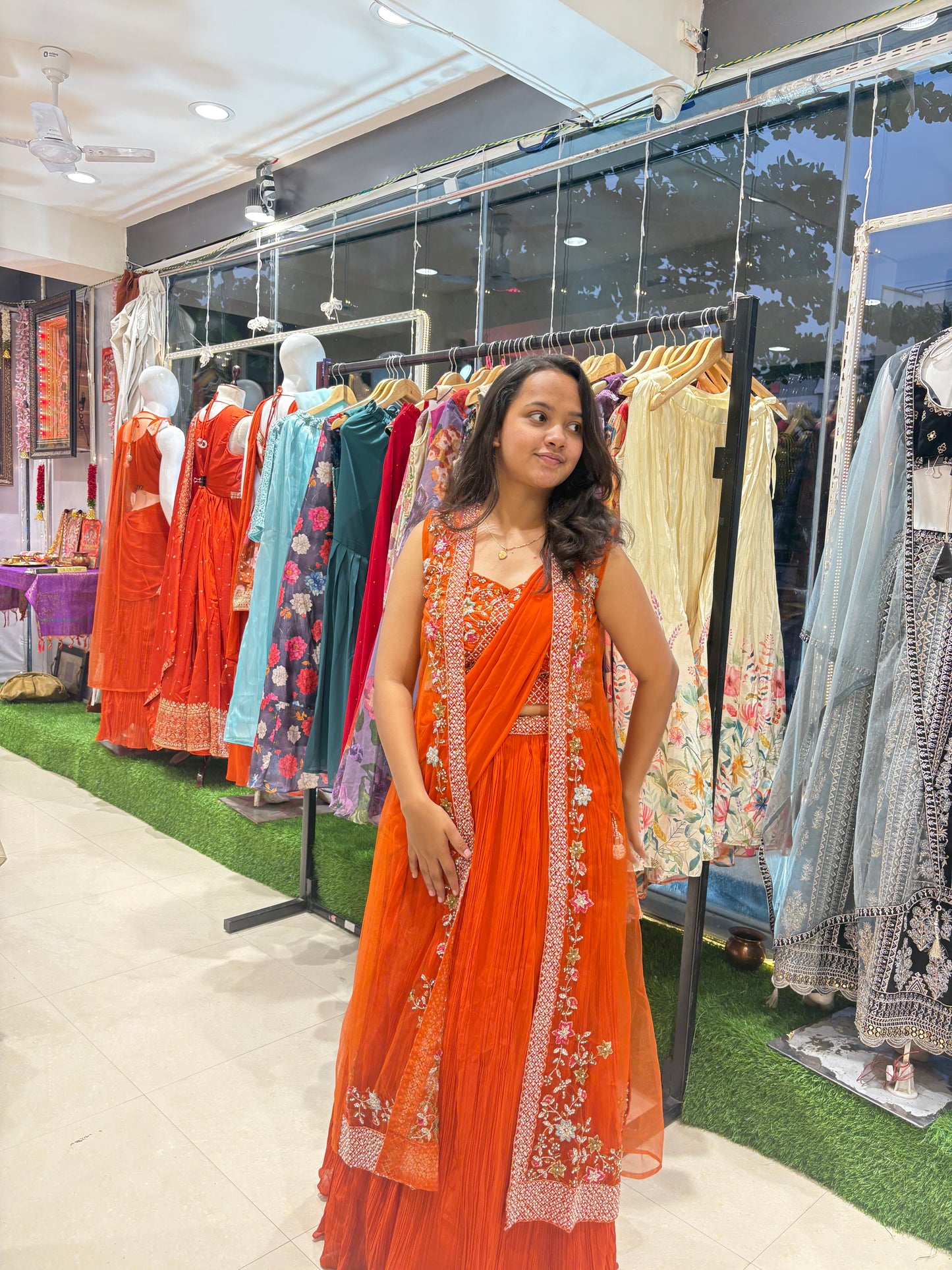 Orange saree drape lehenga with long jacket