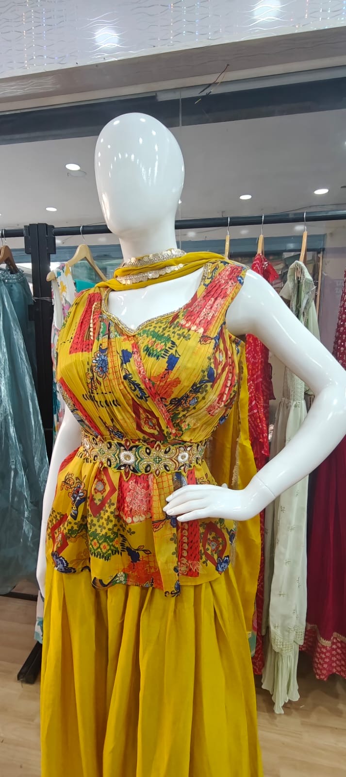 Designer yellow peplum set with belt