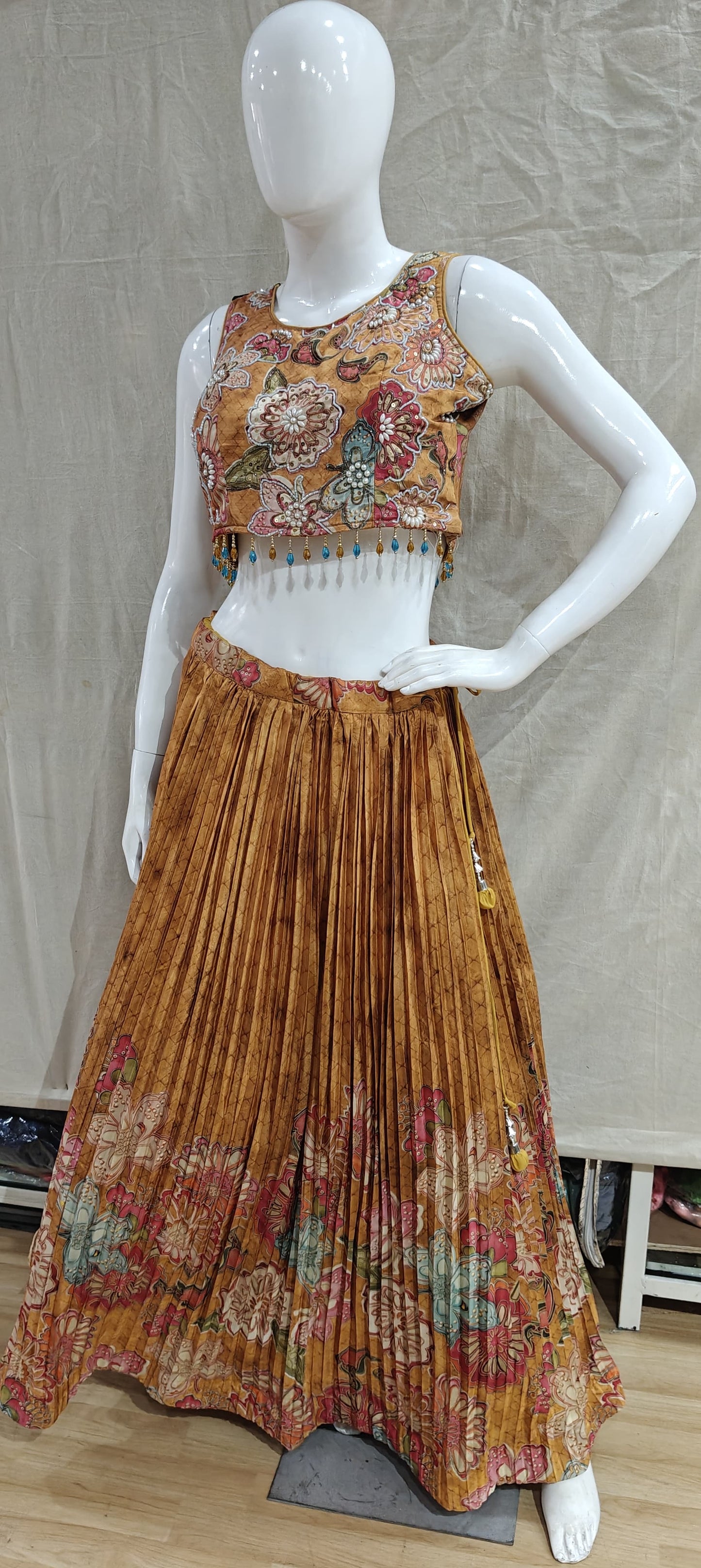 Yellow floral pleated lehenga