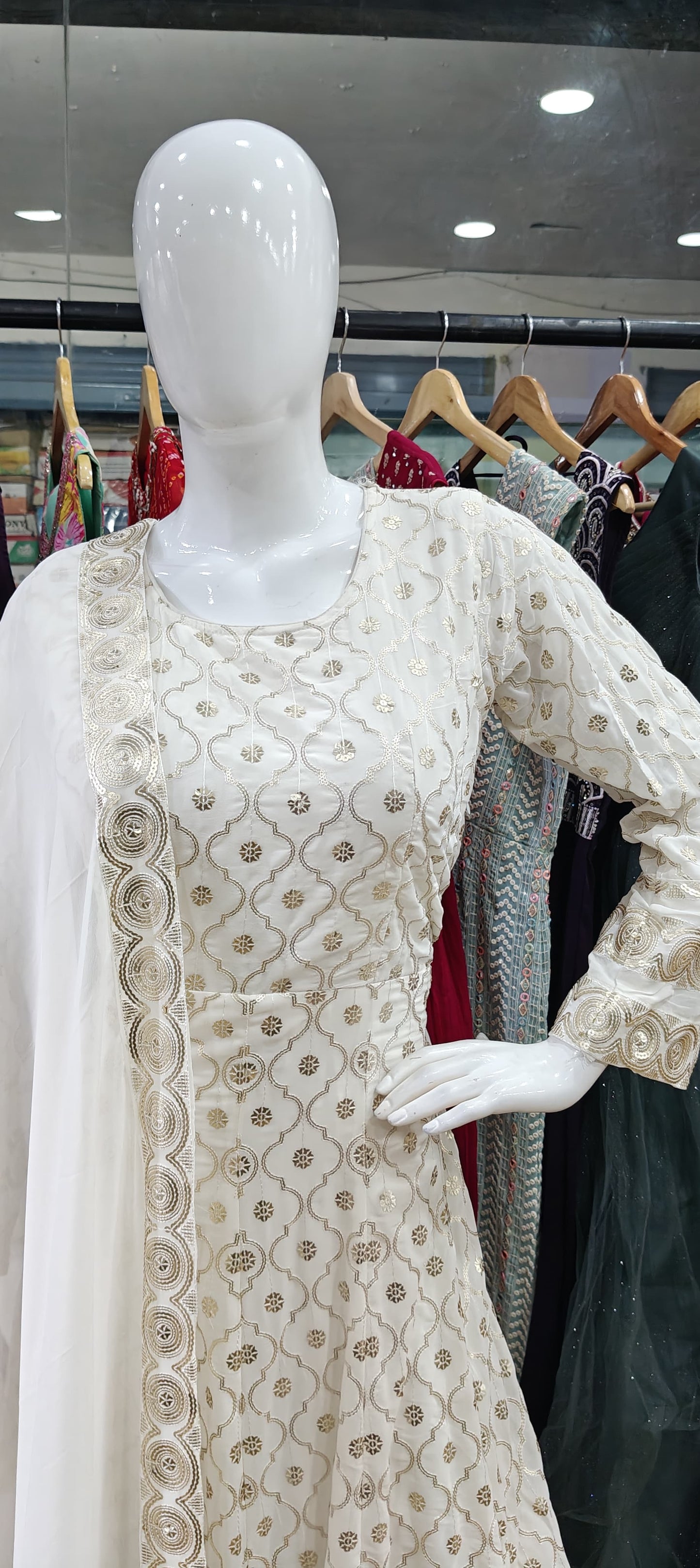White and gold Anarkali long dress