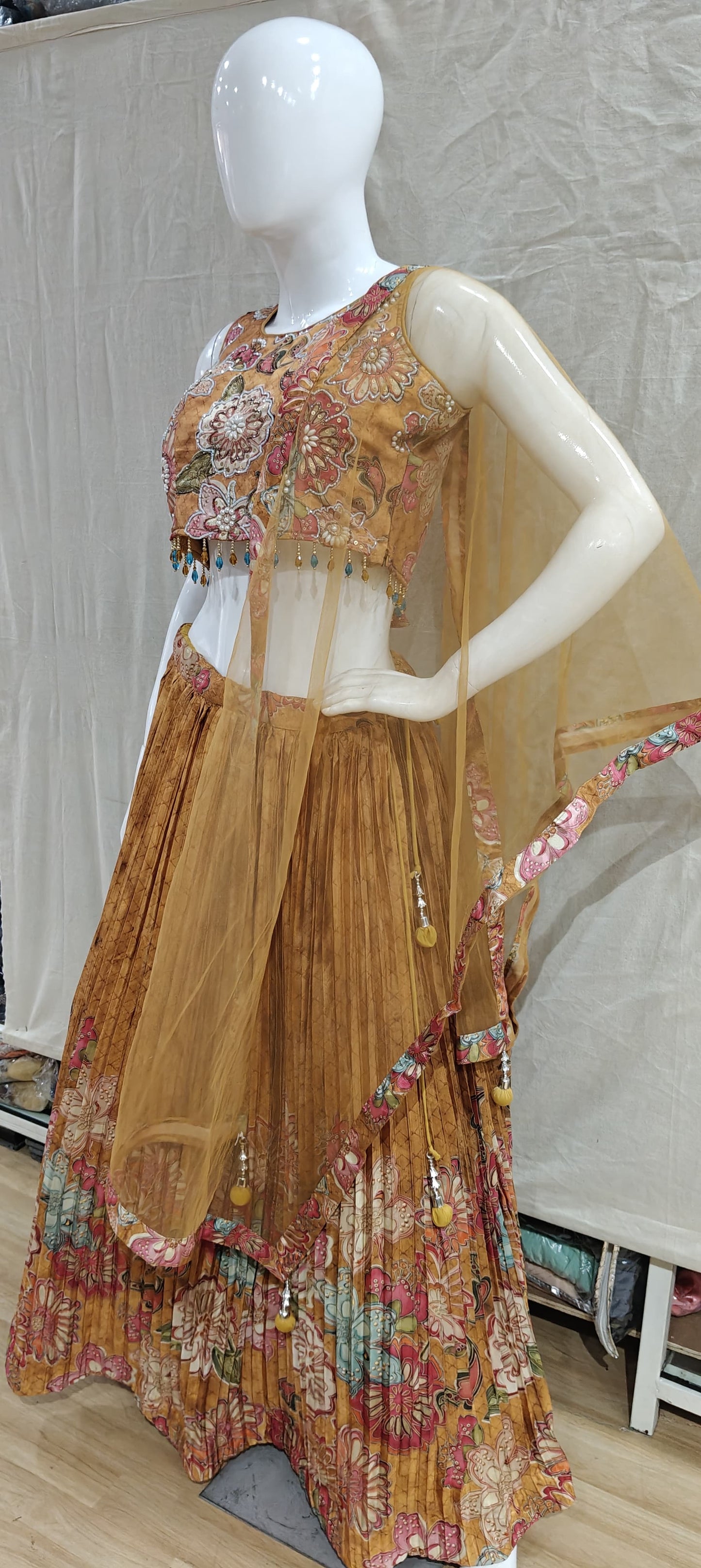 Yellow floral pleated lehenga